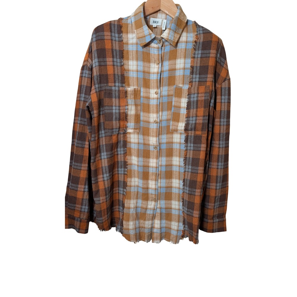 BKE Boyfriend Mixed Plaid Patchwork Frayed Hem Button Down Shirt Large